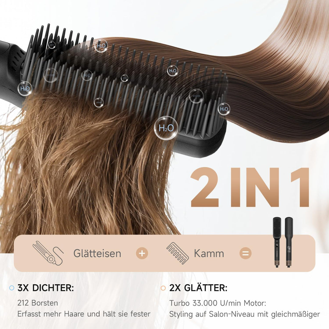2-in-1-Glättbürste, mit eloxierten Aluminium-Zähnen und Verbrühschutz - Heizt gleichmässig für schön
