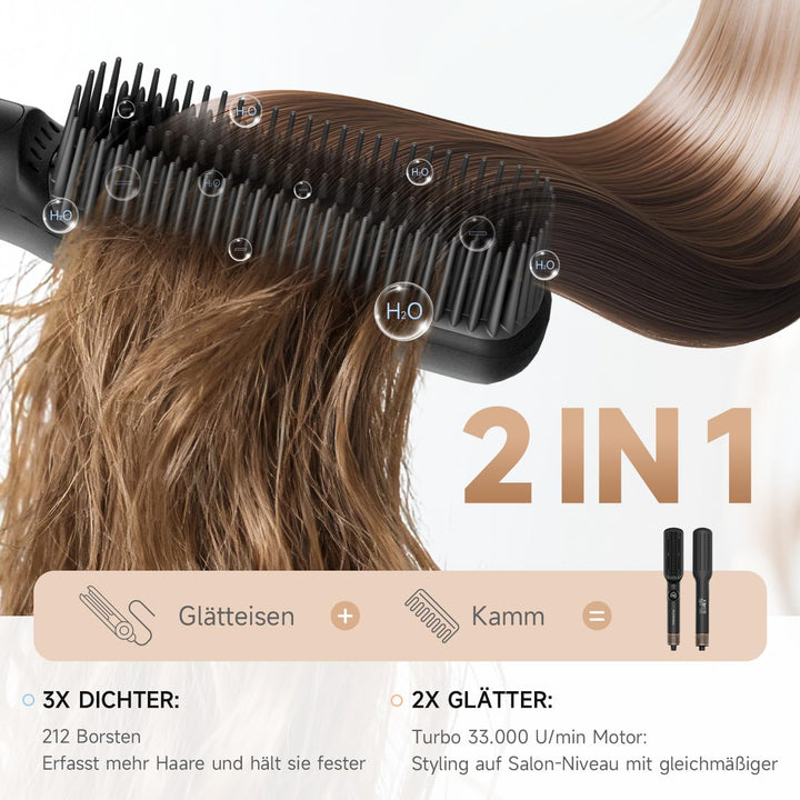 2-in-1-Glättbürste, mit eloxierten Aluminium-Zähnen und Verbrühschutz - Heizt gleichmässig für schön