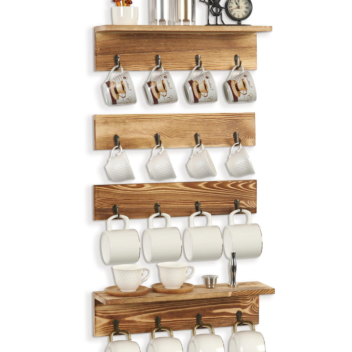 JUJOYBD Tassenhalter Wand, Hängendes Tassenregal mit 16 Haken, Holz Regal für Kaffeebecher, 4er Set