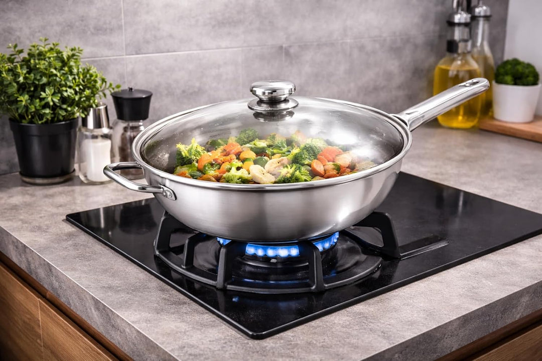 Edelstahl Wokpfanne 32 cm mit Glasdeckel – Ohne Beschichtung – für Induktion & Gas – für alle Herdar