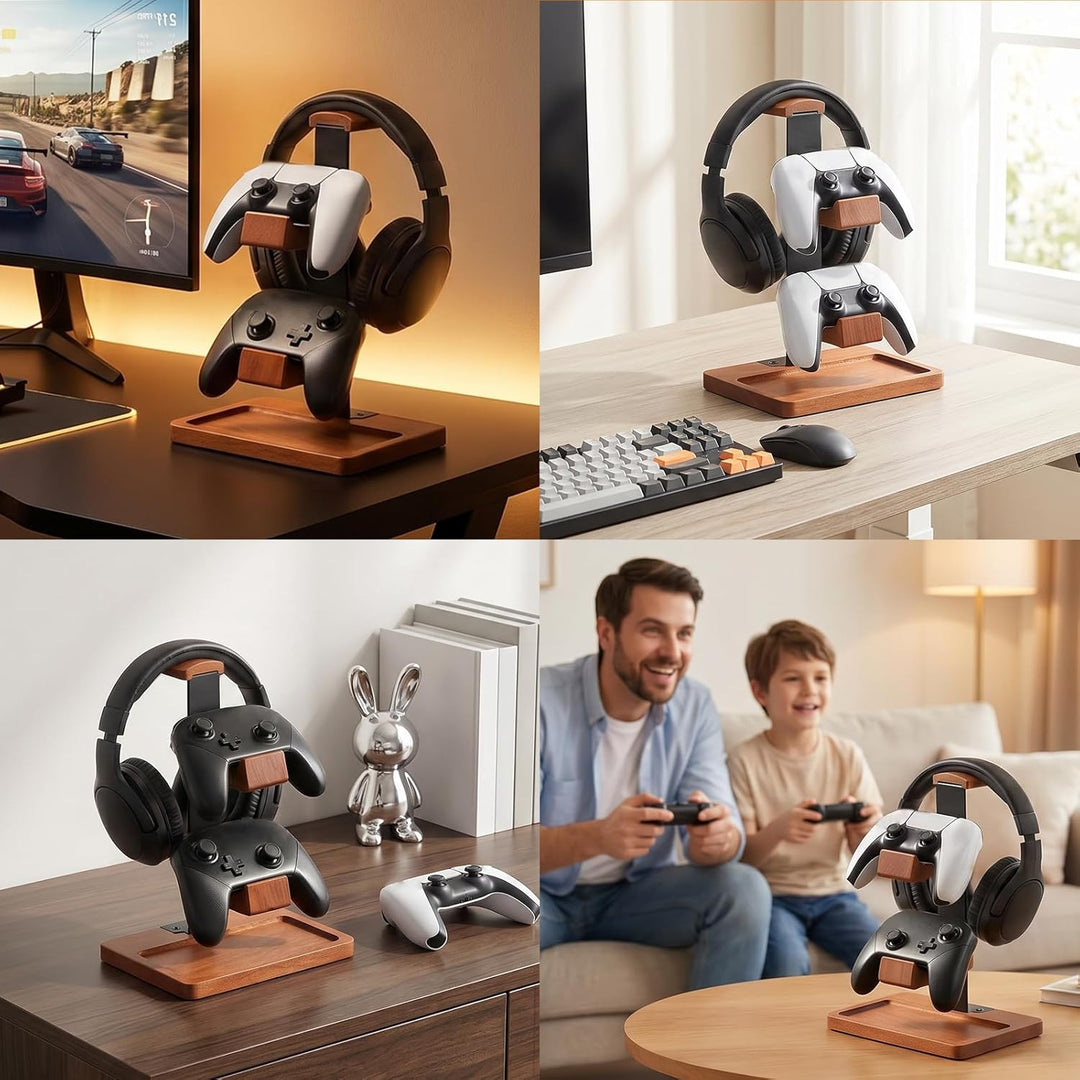 Controller Halter und Headset Ständer Holz, 3-Ebenen Gaming Controller Ständer mit Ablageschale, Mas