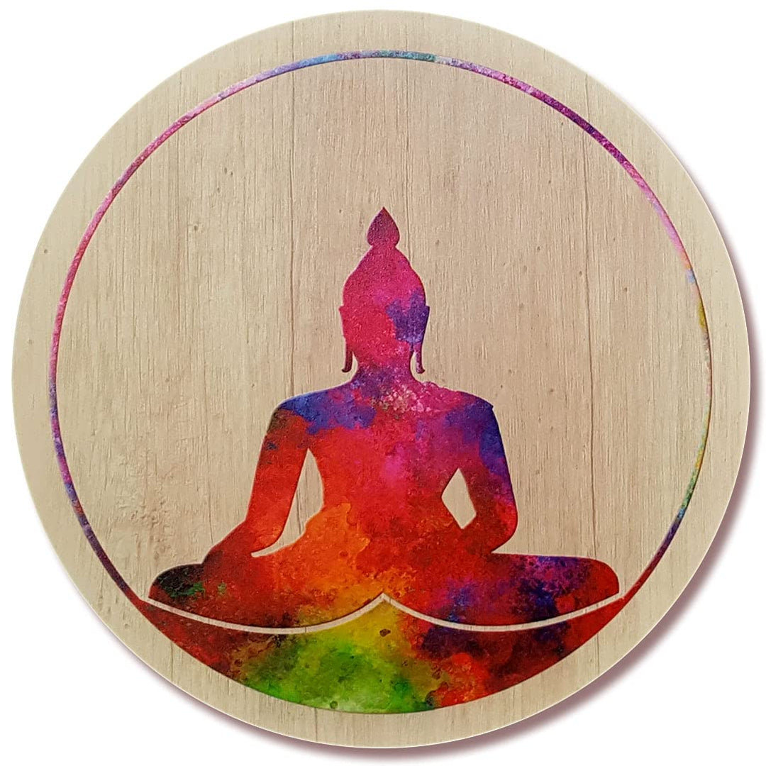 Kunst und Glas Holzbild · Buddha · Ø 40cm · Symbol Lehre Erleuchtung Ruhe Entspannung Meditation auf