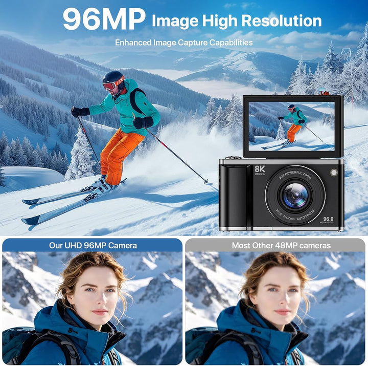 Digitalkamera 8K 96MP mit WLAN, 20X Digitalzoom, Autofokus-Fotokamera mit Anti-Shake, 3,5'' 180° Kla