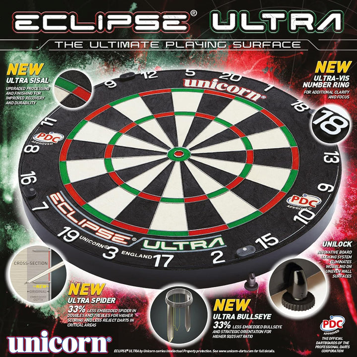 Unicorn Solar Flare Dartboard Surround mit integrierter Beleuchtung Bundle mit Bristle Dartscheibe,