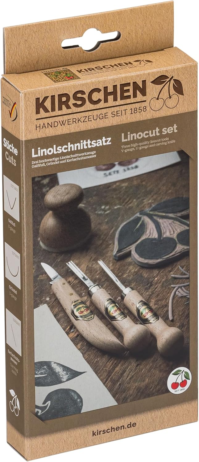 "KIRSCHEN" Werkzeuge 3450000 | Linolschnittsatz, 3-teilig: Gaissfuss + Gründel + Messer, 3-Teilig
