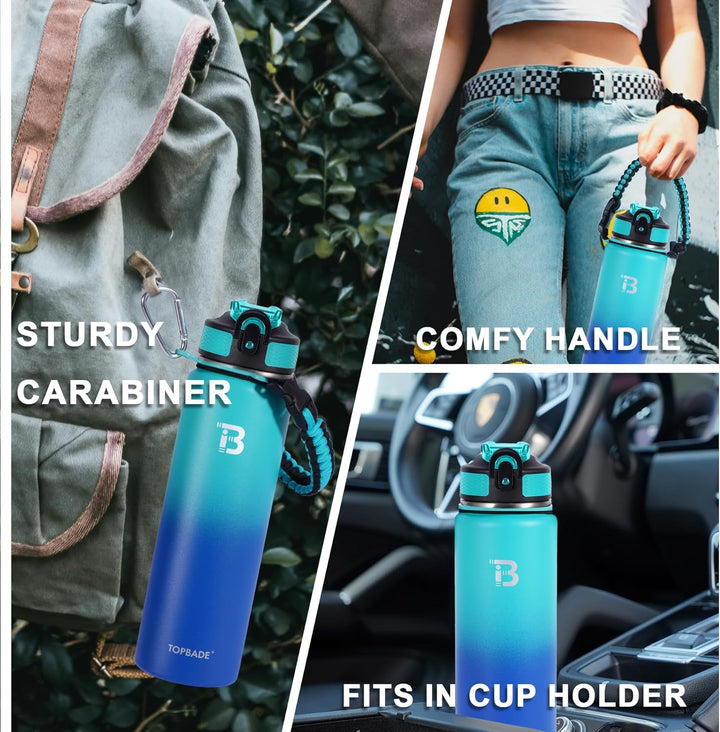 Edelstahl Trinkflasche 1000ml 2 Deckel(mit Strohhalm/Chug), Isolierte Wasserflasche 1Liter, Auslaufs