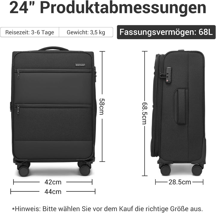 British Traveller Erweiterbarer Mittelgross Koffer, 68L Stoff Reisekoffer mit Volumenerweiterung, 4