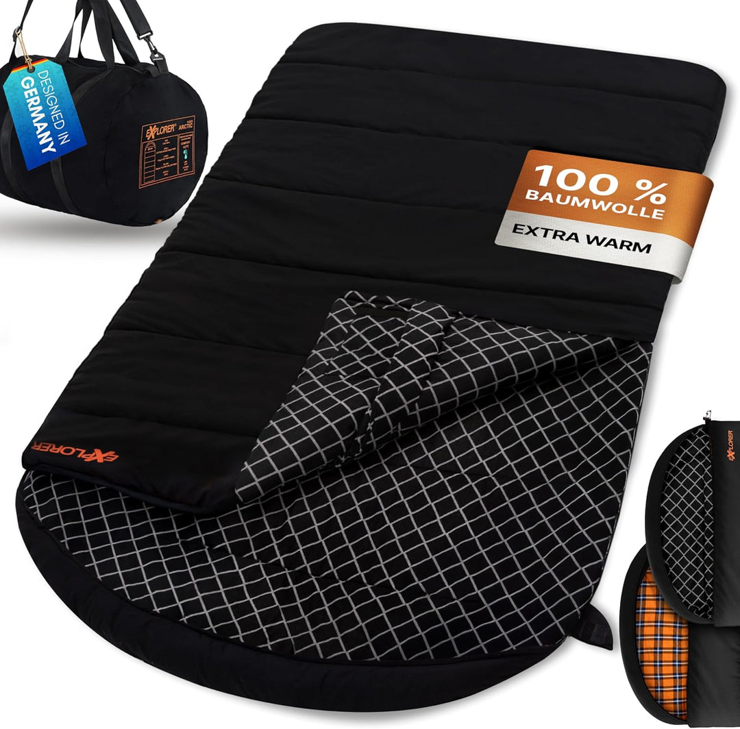 EXPLORER Arctic XXL Deckenschlafsack Winter -24°C Extrem – Camping Schlafsack aus 100% Baumwolle & F