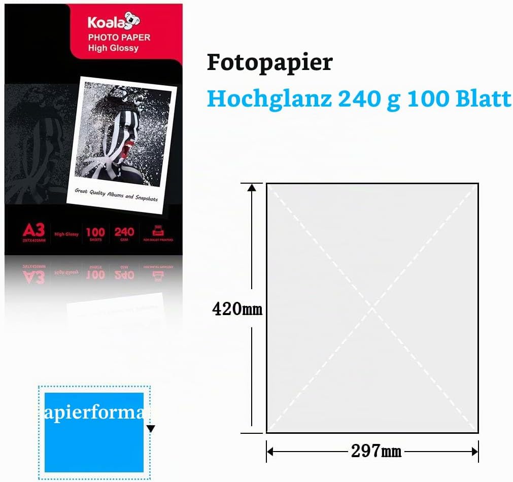 Koala Inkjet Hochglänzend Fotopapier DIN A3, 240 g/m², 100 Blatt, für Canon HP Epson Tintenstrahldru