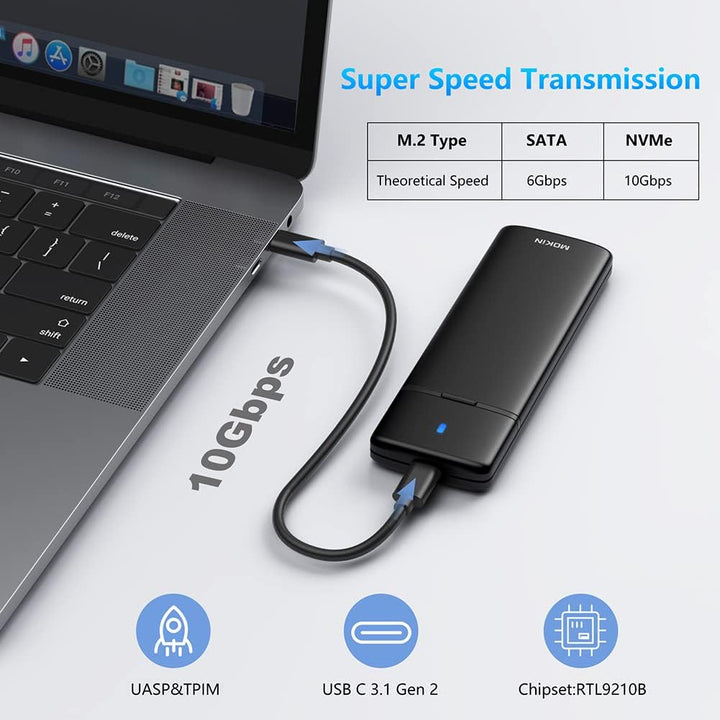 MOKiN M.2 NVMe SATA SSD Enclosure Adapter Tool-Free,USB 3.2 Gen2 10Gbps External to USB PCI-E 6Gbps