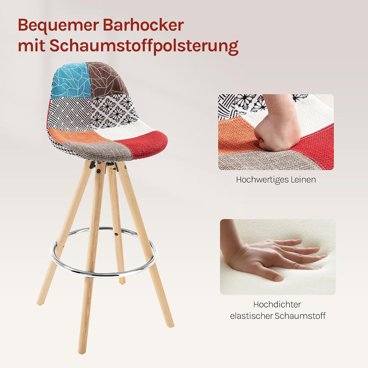 WOLTU® 2 x Barhocker 2er Set Barstuhl aus Leinen Holzgestell mit Lehne + Fussstütze Design Stuhl Küc