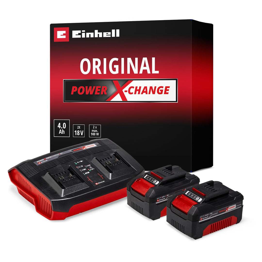 Original Einhell Starter Kit 2x 4,0 Ah Akkus und Twincharger Power X-Change (Li-Ion, 18 V, 75 min La