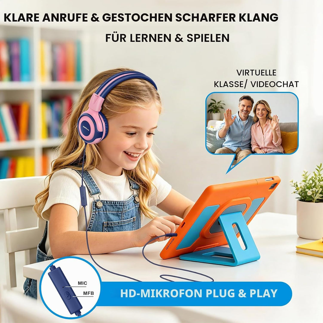 SIMOLIO Kopfhörer Kinder mit eingebautem Mic, Kinderkopfhörer mit Lautstärkebegrenzung 94-85-75dB, S