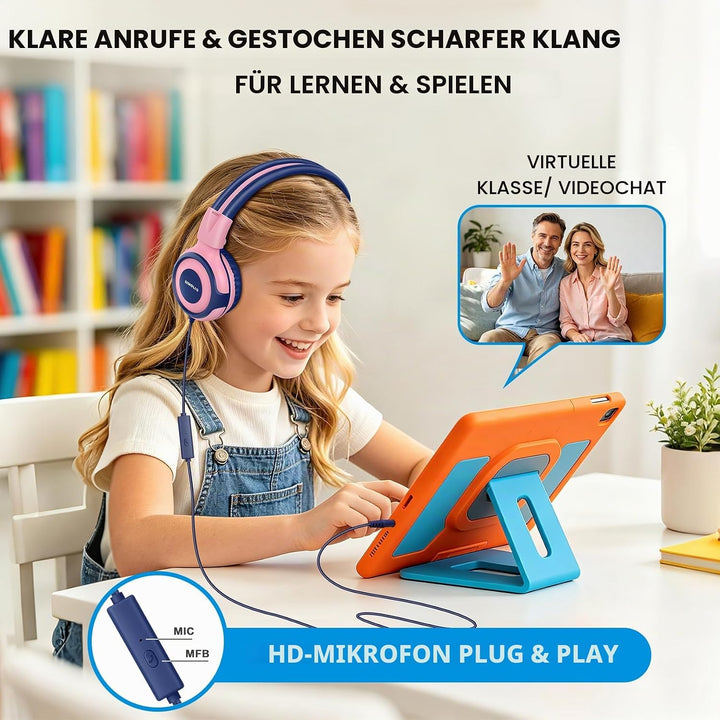 SIMOLIO Kopfhörer Kinder mit eingebautem Mic, Kinderkopfhörer mit Lautstärkebegrenzung 94-85-75dB, S