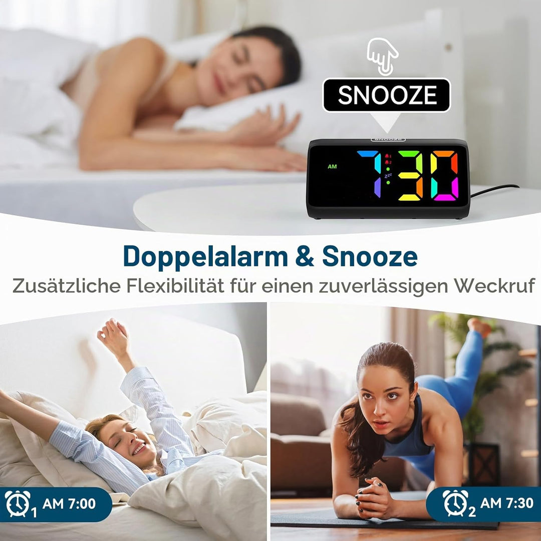 Lauter Wecker für Tiefschläfer, Wecker Digital mit Bunte Display, Doppelalarm, 5 Helligkeitsdimmer,