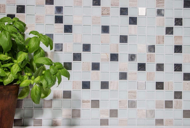 Mosaik Fliesen Mosaikfliesen Glasmosaik Stein Kachel beige weiss glänzend Küchenfliese WC Fliesenspi