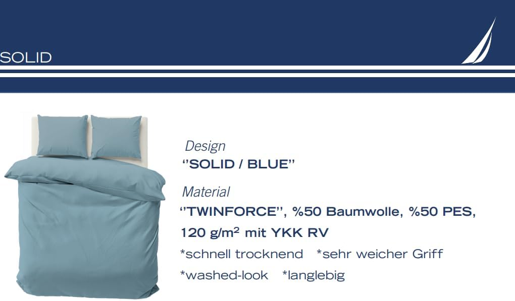 NAUTICA Home Solid Twinforce - BETTWÄSCHE Set - Blau 100% Baumwolle 135X200 Bettbezug + 80X80 Kissen
