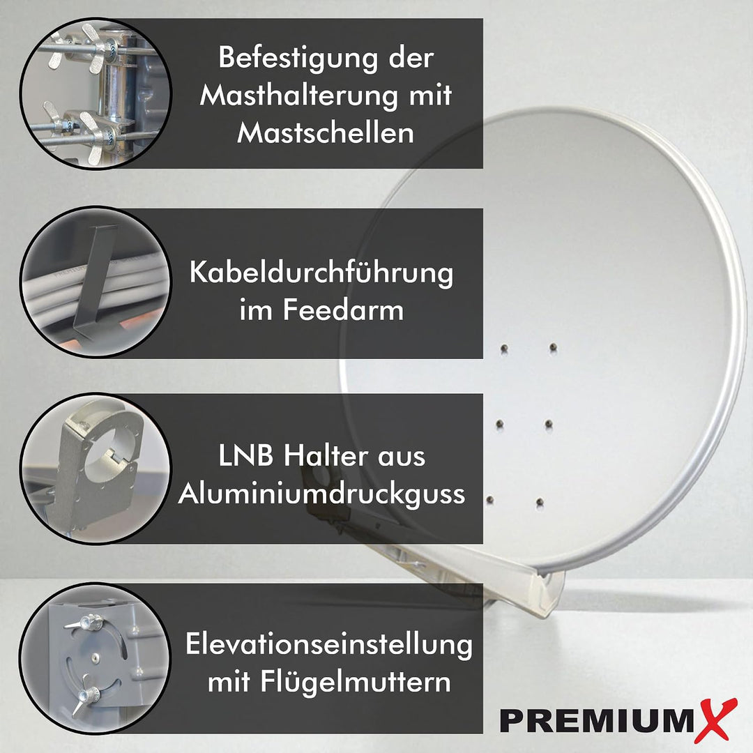 Premium X DELUXE100 Satellitenantenne 100 cm Aluminium Hellgrau + Twin LNB PXT-SEW 0,1 dB Digital Sa