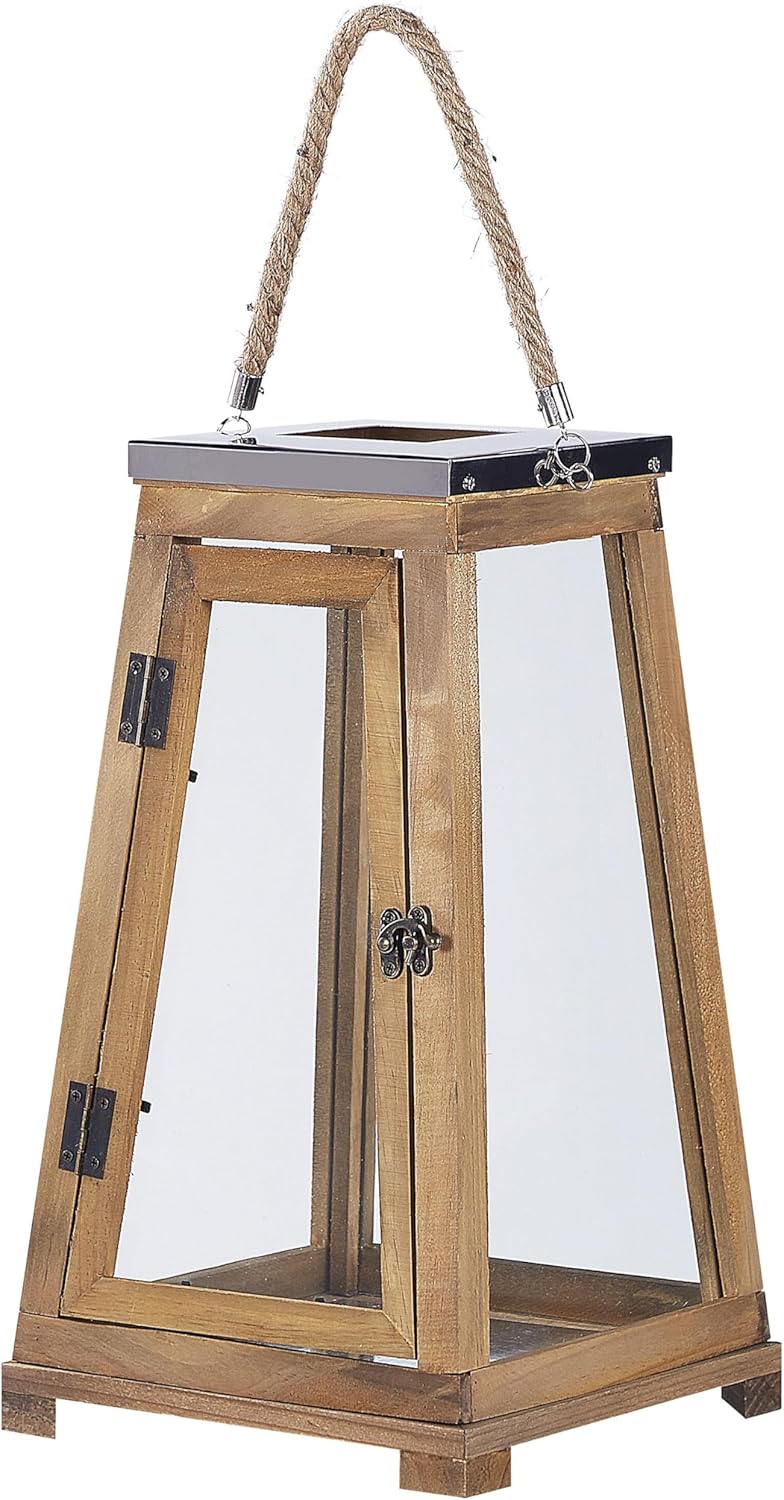 Holzlaterne Kiefernholz H: 39 cm Windlichtlaterne Sicherheitsglas braun Pulau
