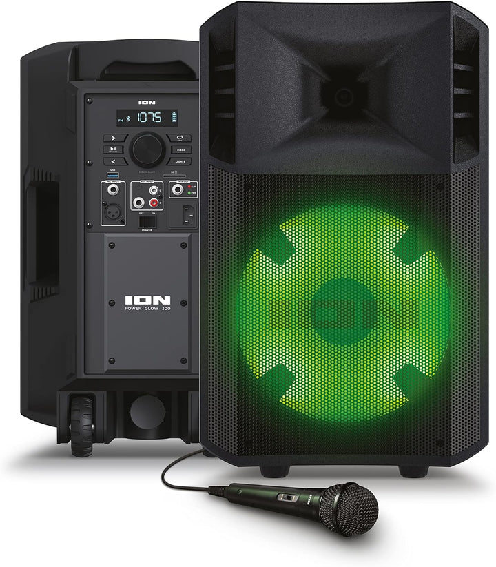 ION Audio Power Glow – 300-Watt Bluetooth-Lautsprecher mit Karaoke-Mikrofon, Lichtern, Multikanal-Mi