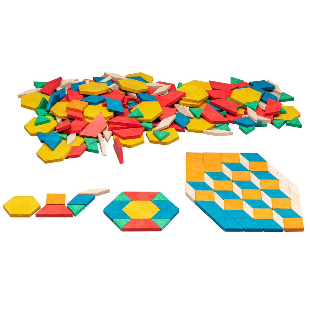 WISSNER Montessori Pattern Blocks Geometrie Formen 250 Teile - Pädagogisches RE-Wood Tangram Kinder-