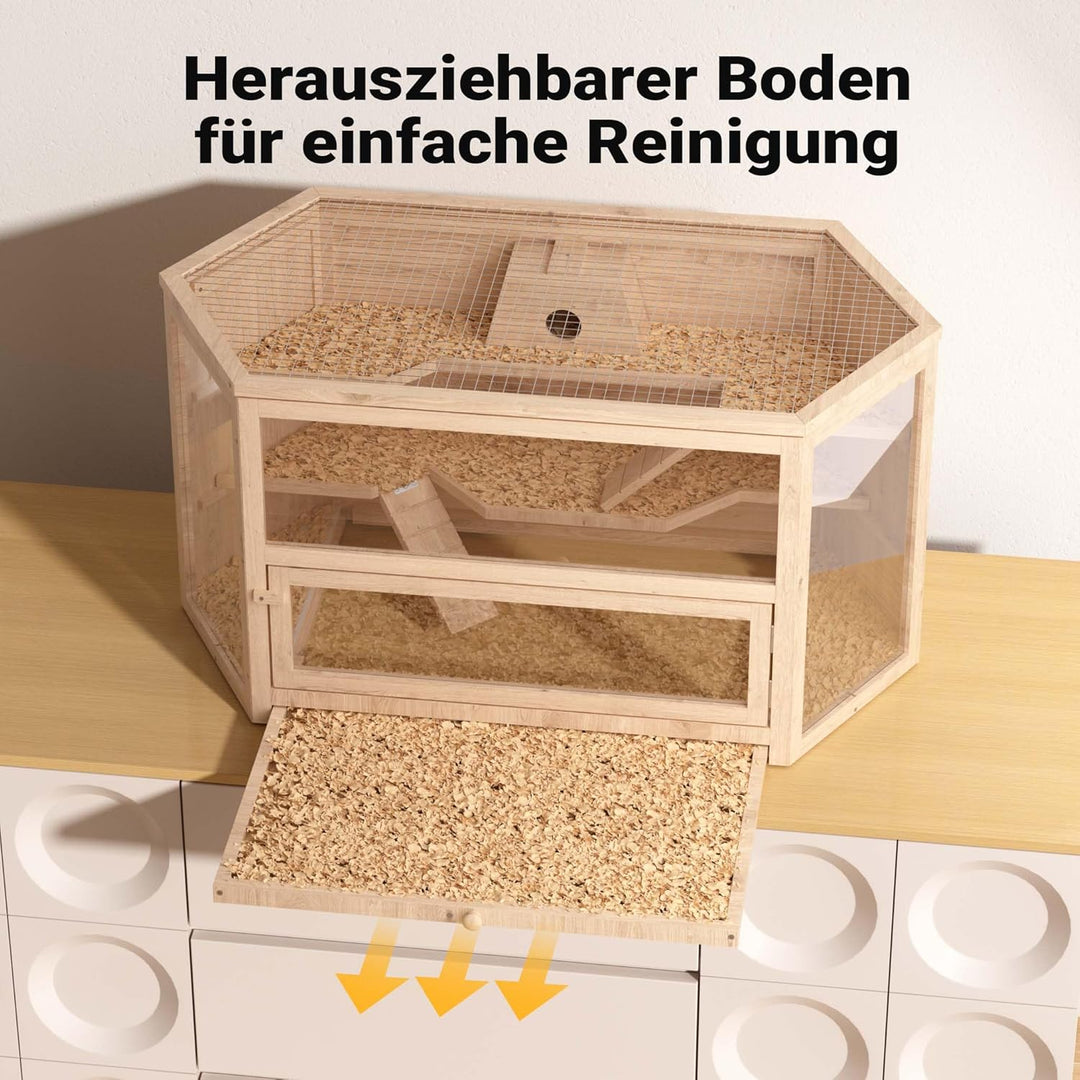 Wiltec XXL 3 Etagen Nagerkäfig, 6-eckig, 1150 x 600 x 580 mm, aus Holz, mit klappbarem Deckel & Sich
