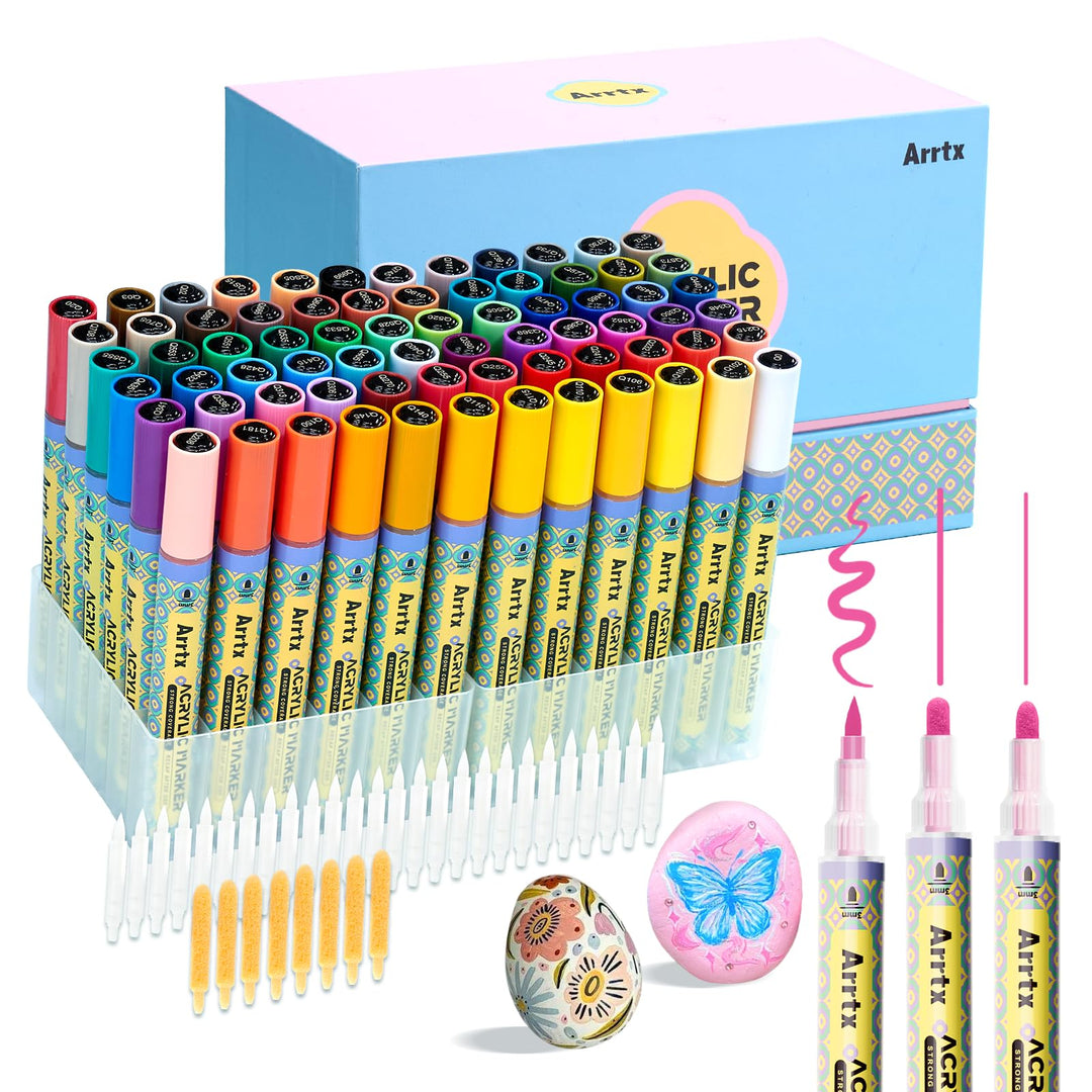 Arrtx Acrylstifte für Steine Bemalen, 72 Farben 3mm Mittlere Spitze Acrylstifte Marker, Acrylmarker
