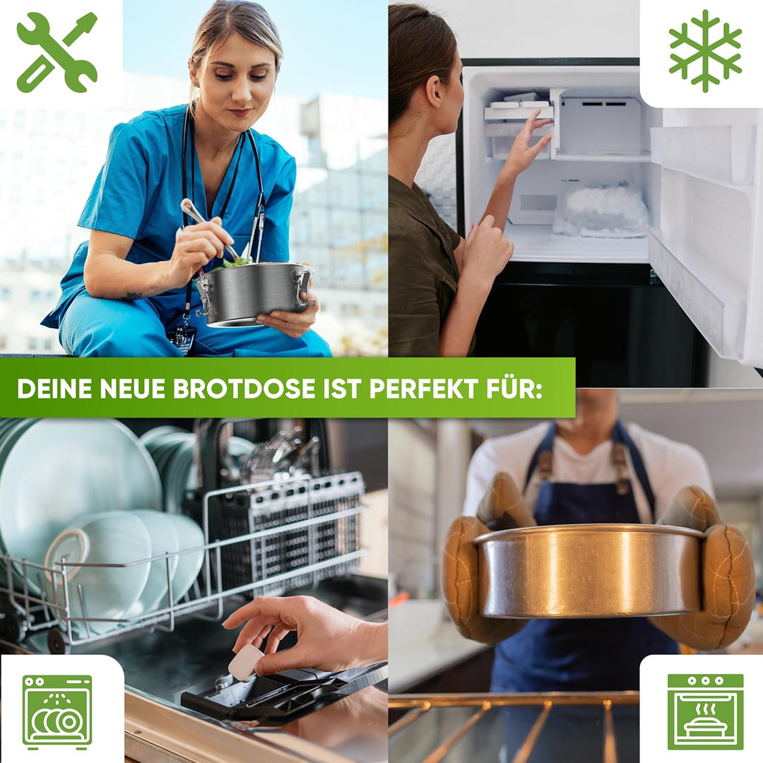 Blockhütte Premium Jausenbox Edelstahl Rund 1800ml mit Göffel 2x Dichtung Set Auslaufsichere Brotdos