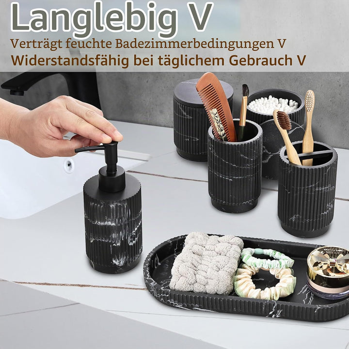Badezimmer Set 6-TLG | Seifenspender + Zahnputzbecher mit Tablett &amp; Wattestäbchenbox | Design Streif