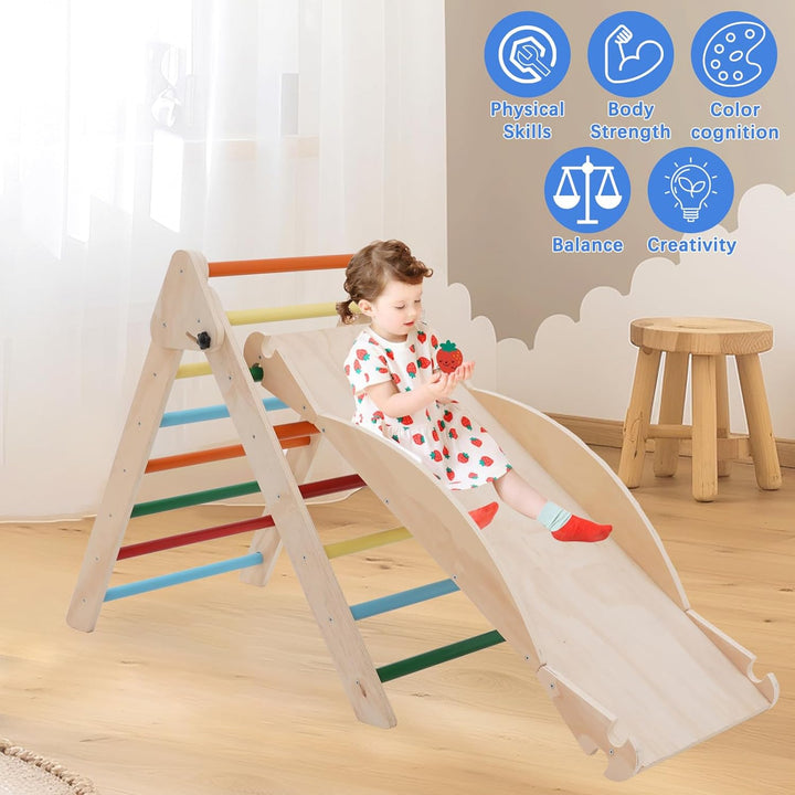5-in-1 Montessori Kletterdreieck, Klettergerüst Indoor mit Rutsche, Kletterleiter und Zeltdach, Wipp