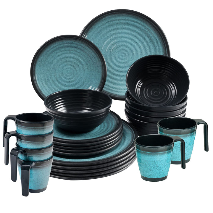 Camping Geschirr Set aus Melamin für 6 Personen - mit Tellern und Stapel-Tassen - 24 Teile - Blau-Sc