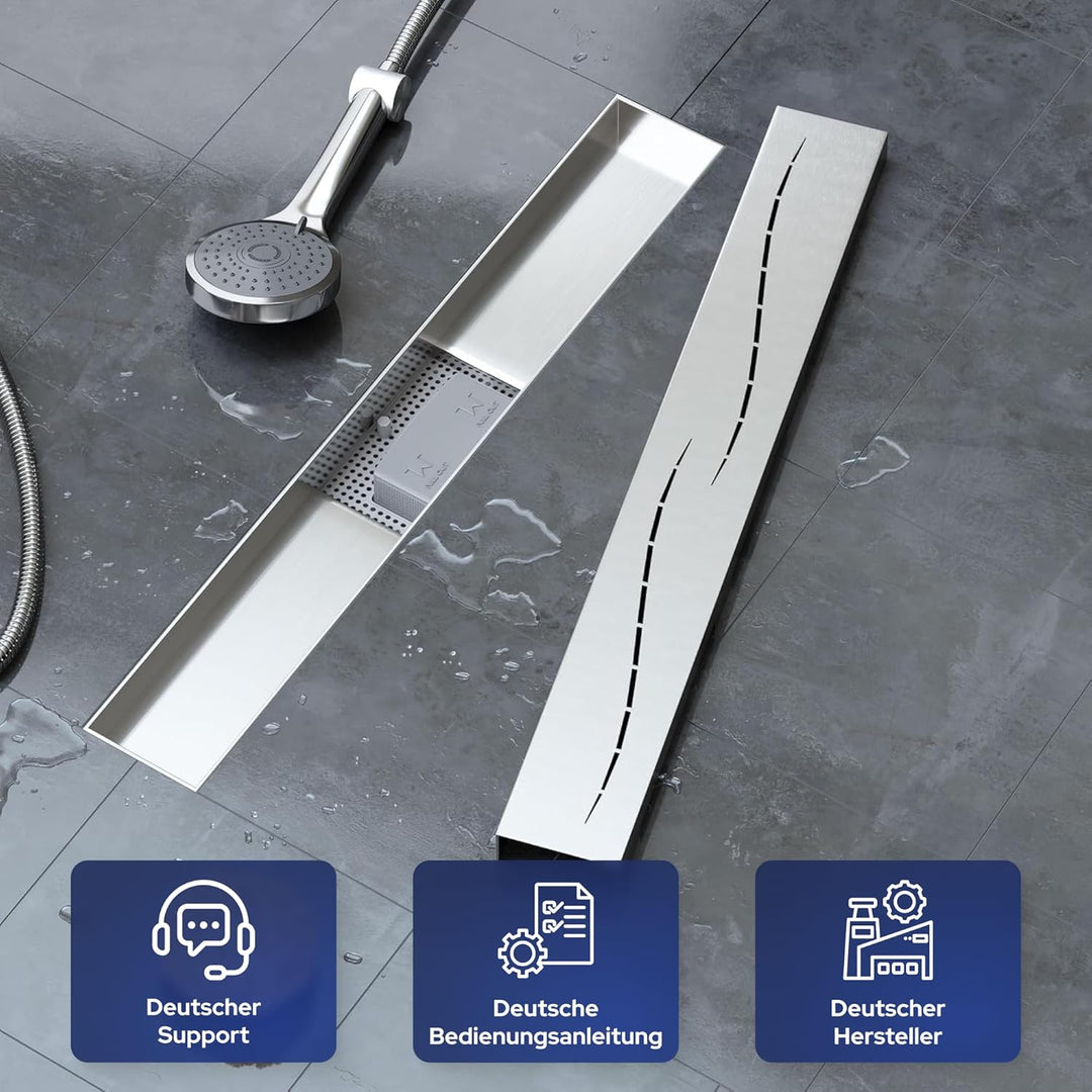 VILSTEIN Duschrinne 70cm, Edelstahl Bodenablauf Komplettset, extra flach, Siphon mit Geruchsstop, Ha