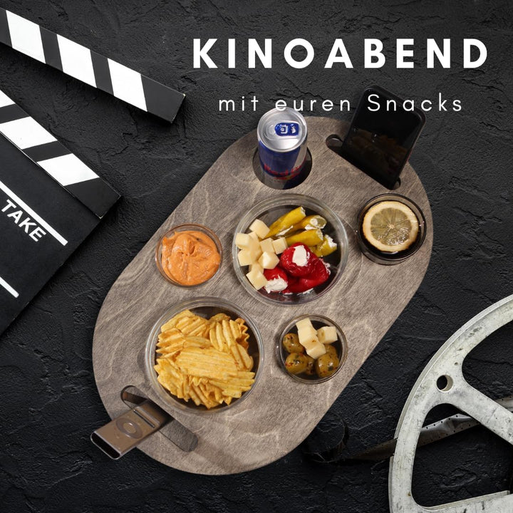 Couchbar Snackbox in grau mit 4 Glasschalen - Sofabar für Snacks und Getränke - Couchtabletts mit Ge