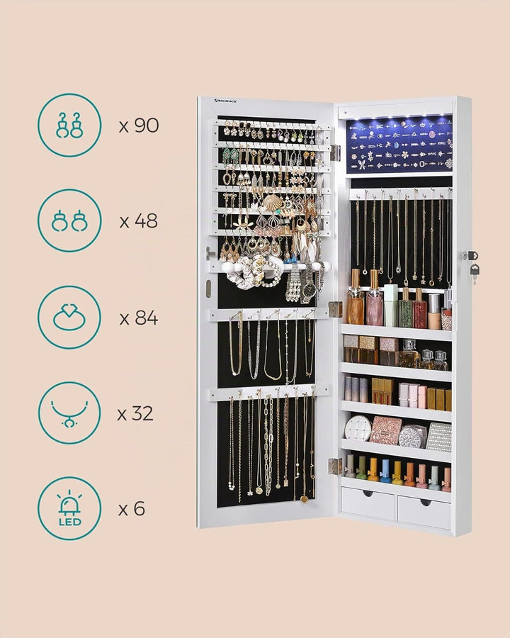 SONGMICS Schmuckschrank hängend, Spiegelschrank mit LED-Innenbeleuchtung, Wandschrank mit Ganzkörper