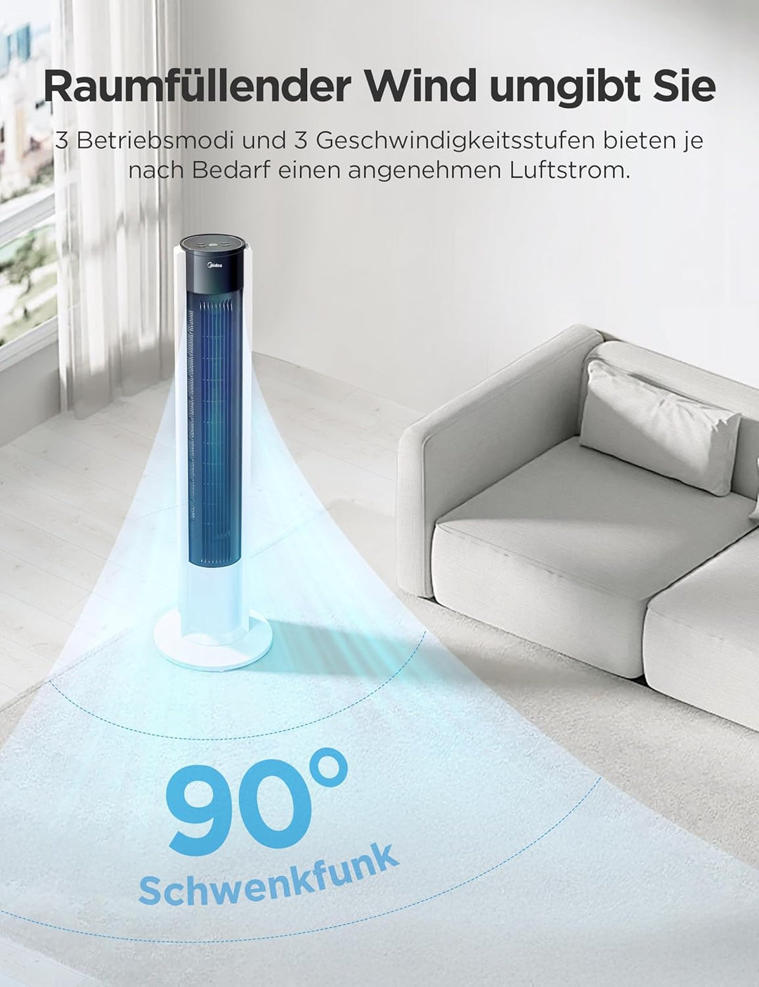 Midea FZ10-19BRA Turmventilator, robuster Kupfermotor, Luftzufuhr nach innen, Fernbedienung, 7-Stund