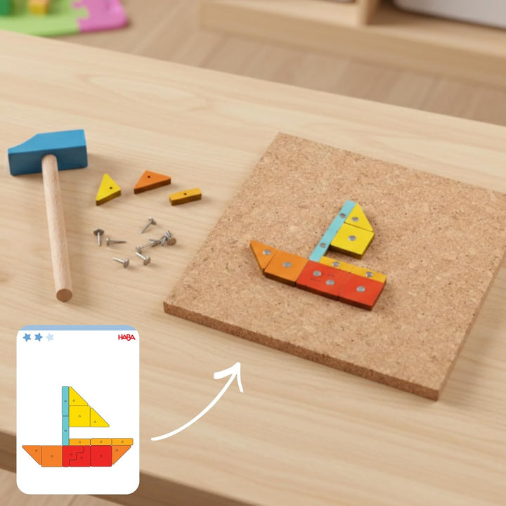 HABA Hammer-Nagelspiel: Geo-Formen – Holzspielzeug mit Hammer und Nägel für Kinder ab 3 Jahren – Kre