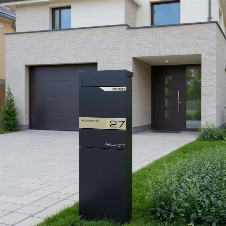 Metzler Standbriefkasten freistehend in Anthrazit RAL 7016 aus Stahl mit Zeitungsfach - personalisie