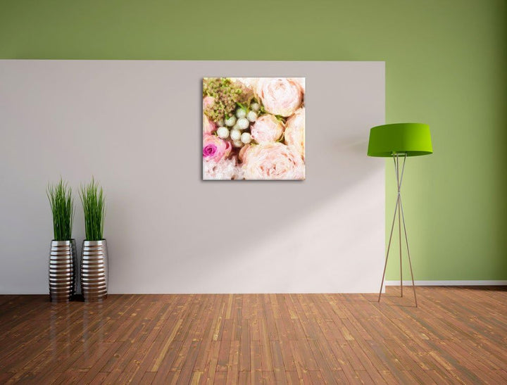 Rosa Rosen Pinsel Effekt, Format: 70x70 auf Leinwand, XXL riesige Bilder fertig gerahmt mit Keilrahm