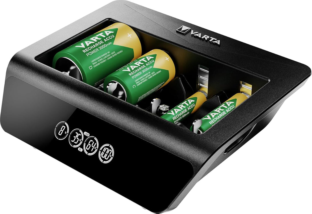 VARTA Universal Charger+, Ladegerät für Akkus in AA/AAA/9V und USB Geräte, Einzelschachtladung LCD U