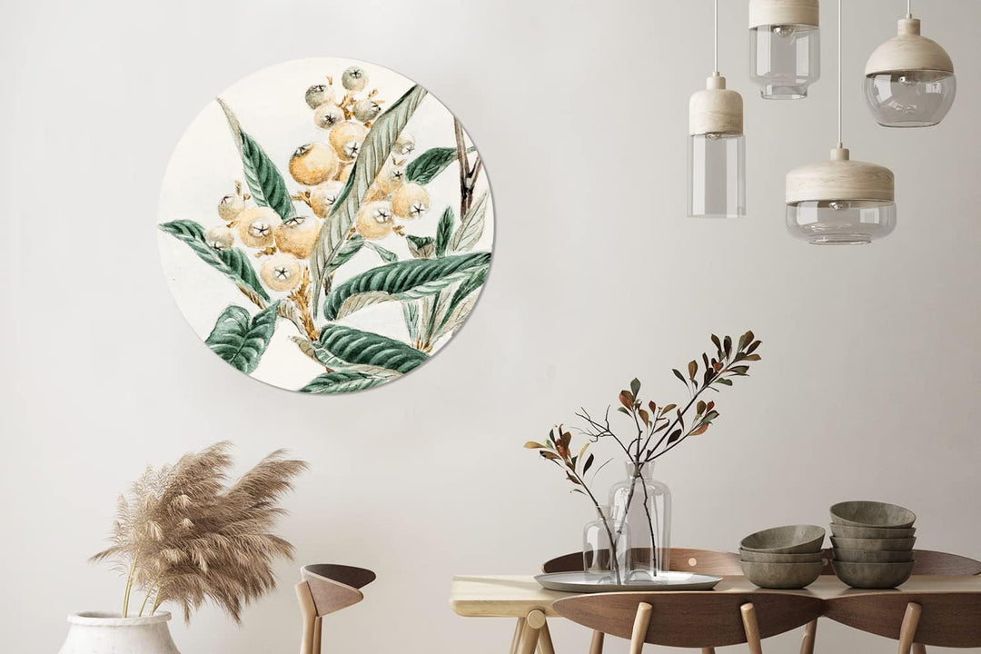 MuchoWow Wandbild Rund Wanddeko Deko Wohnzimmer Bilder 90x90 cm Obst - Blätter - Vintage - Japanisch