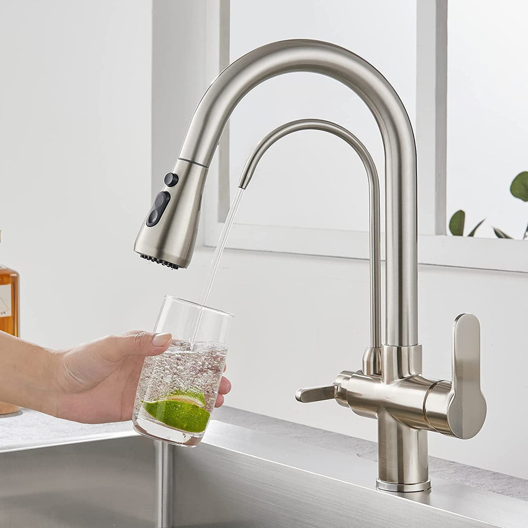 KEOKBON Filter-Küchenarmatur mit Trinkwasserhahn, 3-Wege-Küchenarmatur mit hohem Bogen, 3 in 1 Misch