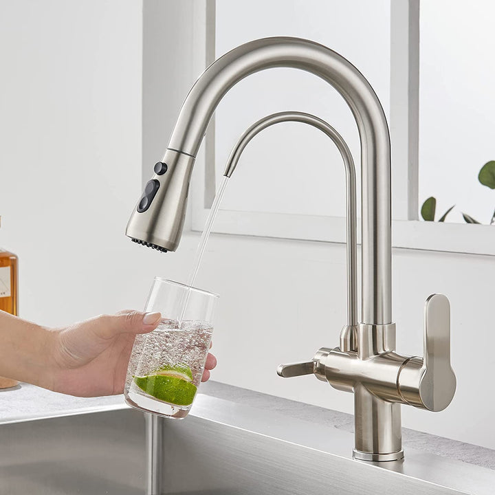 KEOKBON Filter-Küchenarmatur mit Trinkwasserhahn, 3-Wege-Küchenarmatur mit hohem Bogen, 3 in 1 Misch