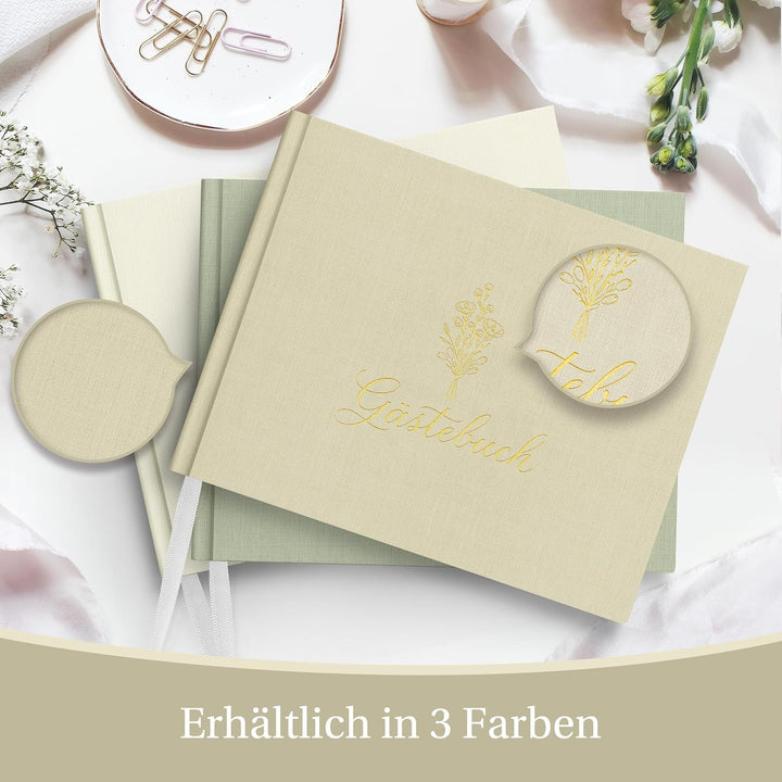 Hyggartn Gästebuch Beige – Leinen Hardcover Gästebuch mit Goldprägung, 100 Seiten Blanko – Dekorativ