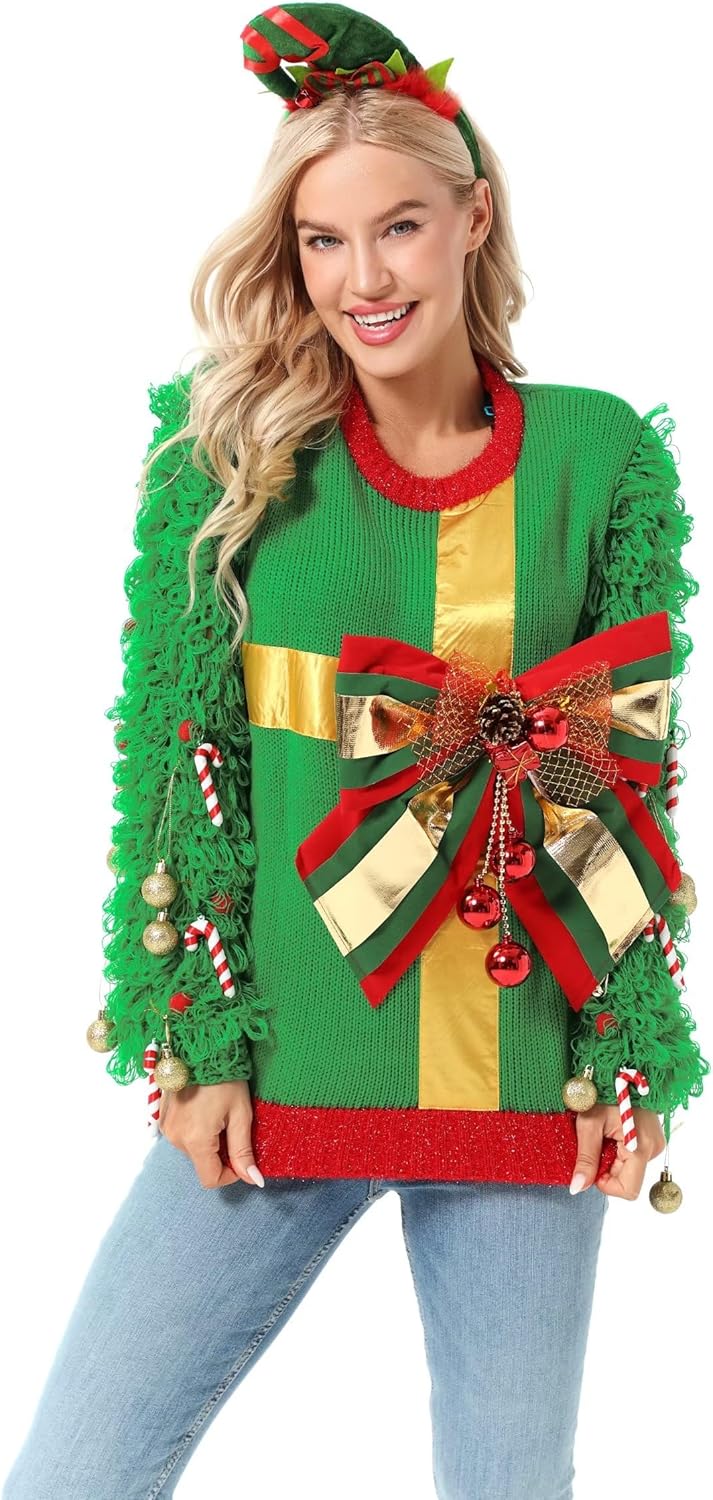 Unisex Herren Damen Hässlicher Weihnachtspullover Hoodie, lustiger gestrickter Kapuzenpullover für W