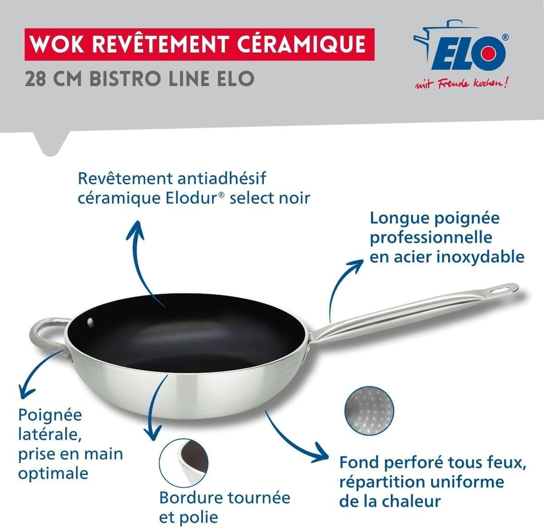Elo 5166826 Wokpfanne 28 cm, Edelstahlpfanne, Aluminium-Pfanne, Antihaftpfanne, 28 cm, Küchenpfanne,