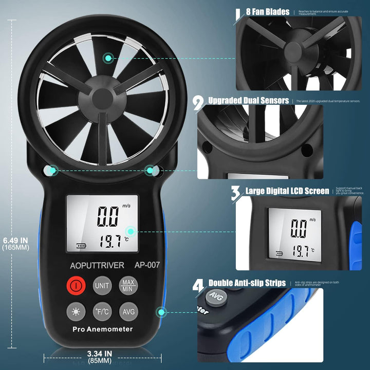 Windmesser Digital Windmessgerät AP-007 Handheld Anemometer 0.3~30m/s mit Manueller/Automatischer Ab