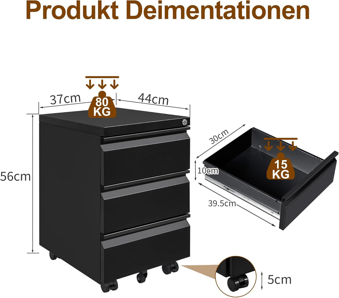 Rollcontainer, Mobiler Aktenschrank mit Schloss, 4 Schlüssel, 3 Schubladen, Büroschrank aus Metall,