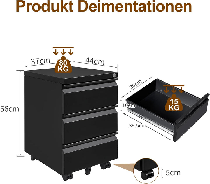 Rollcontainer, Mobiler Aktenschrank mit Schloss, 4 Schlüssel, 3 Schubladen, Büroschrank aus Metall,