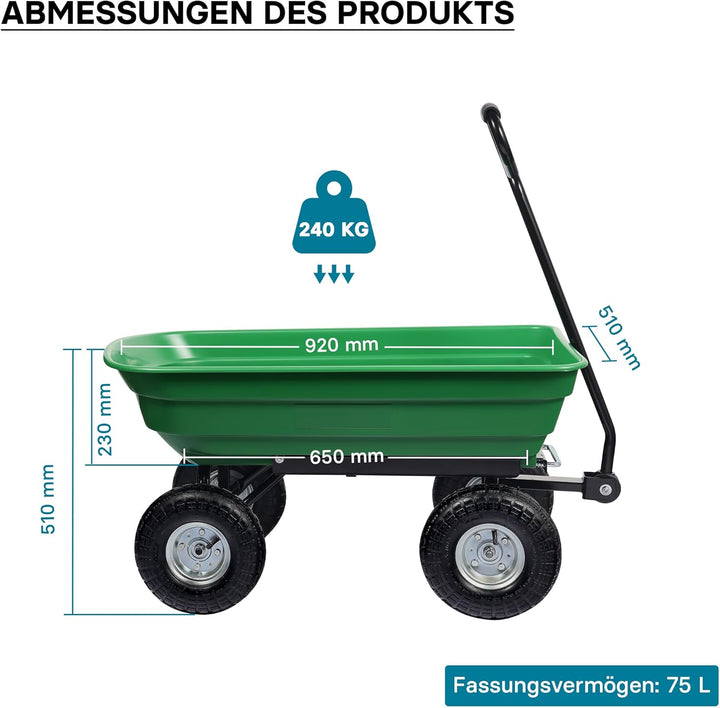 Wiltec Gartenwagen mit Kippfunktion bis 240 kg, Handwagen mit 75 l Volumen, Bollerwagen für Gartenar