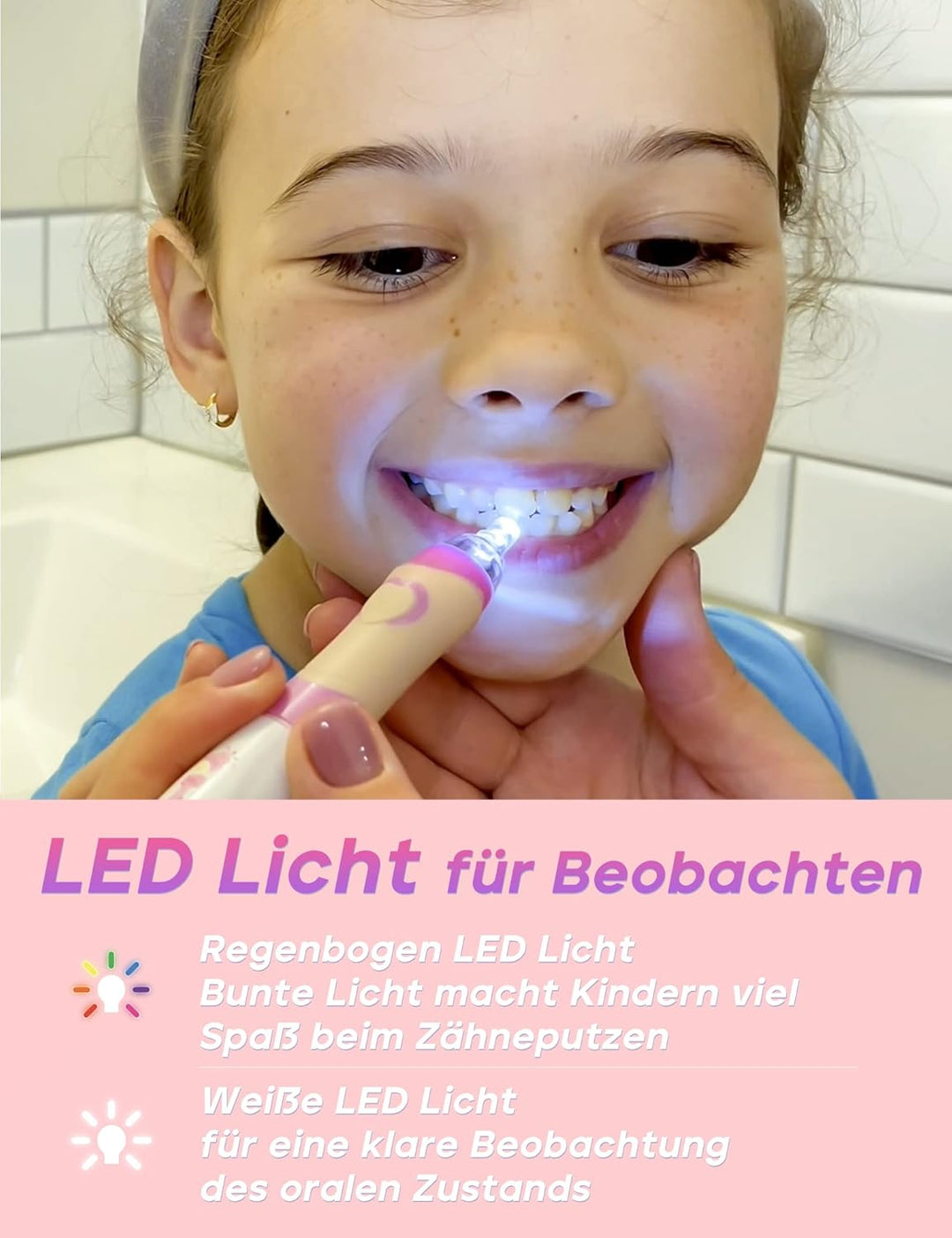 Seago Elektrische Zahnbürste Kinder ab 3 Jahren mit bunten LED Licht, 4 Aufsteckbürste, Smart Timer,